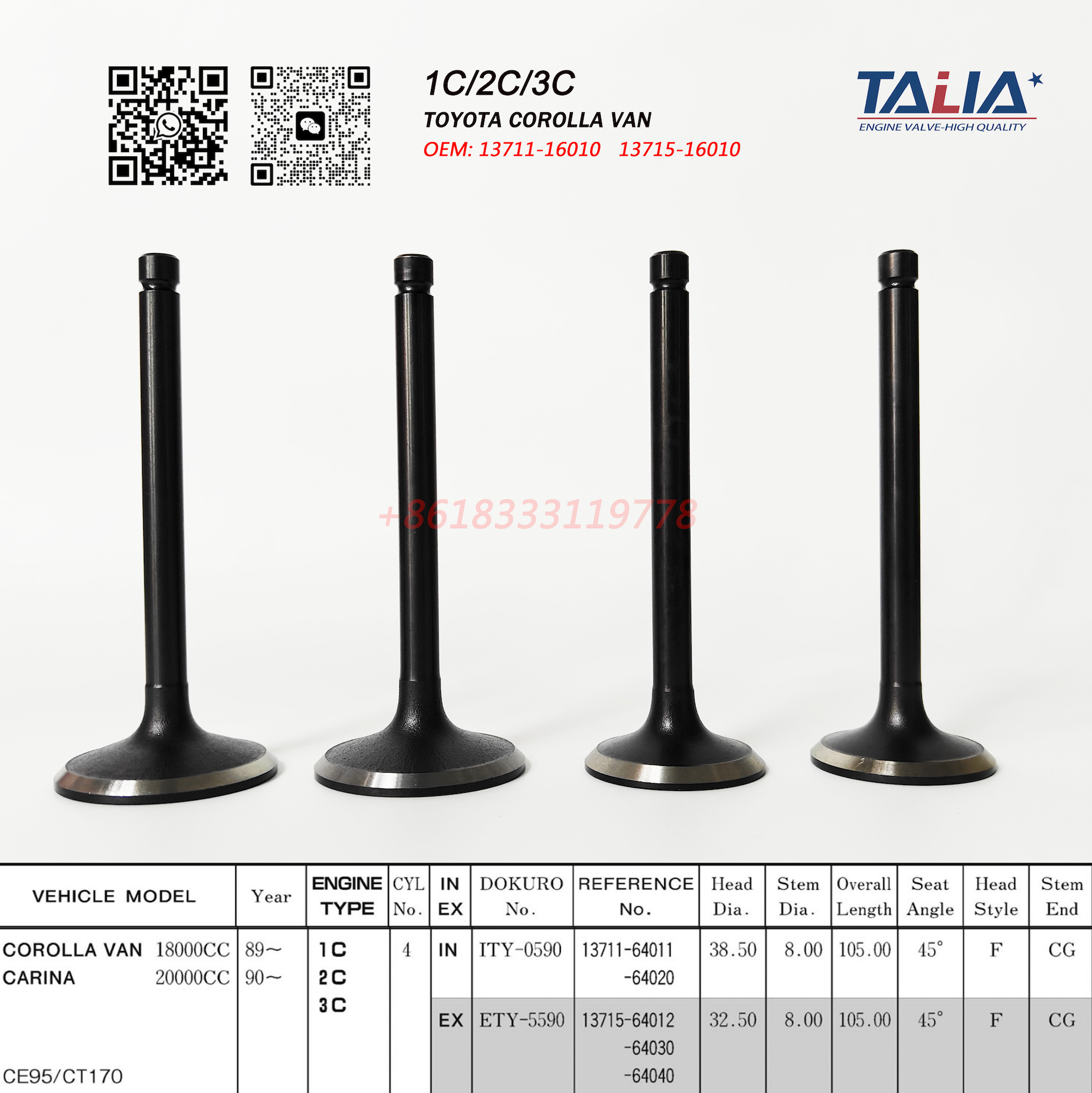 Engine Intake&Exhaust Valve for Toyota 1C 2C 13711-64010 13715-64010 FOR CAMRY CARINA COROLLA LITEACE (8Pcs)